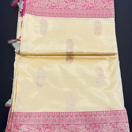 Pure Banarasi Kaduwa Silk Saree | Motifs weaving and beige pearl / dusty pink  border | Hand Woven | Lock weaving| Silk Mark certified