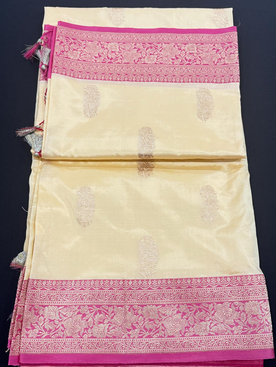 Pure Banarasi Kaduwa Silk Saree | Motifs weaving and beige pearl / dusty pink  border | Hand Woven | Lock weaving| Silk Mark certified