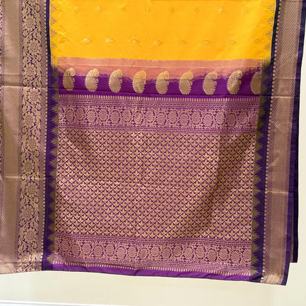 Pure handloom Gadwal semi-Silk Saree | Silk | Bright Yellow  with Purple border
