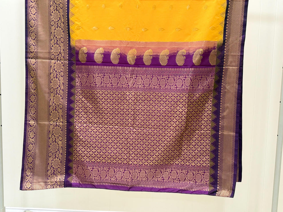 Pure handloom Gadwal semi-Silk Saree | Silk | Bright Yellow  with Purple border