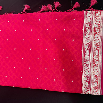 Banarasi Mashroo Silk  Rani/Magenta    Saree with Kadhuwa Zari Buttas