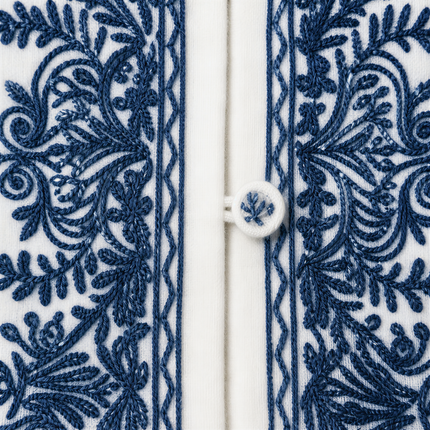 a close-up view of a white fabric with intricate blue embroidered patterns. The fabric appears to be a piece of clothing, possibly a jacket or a dress, with a white button visible on the right side.