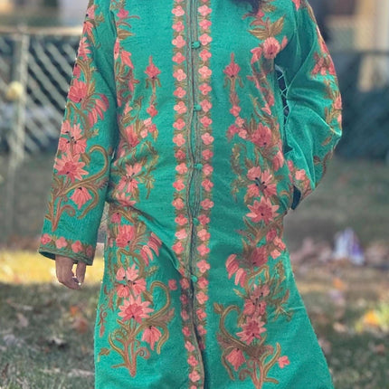 Luxury Aari /Tussar Silk Ladies long Jacket | woven Kashmir Artwear | Statement fashion wear | Kashmir Winter Dresses|kneee length| size 42