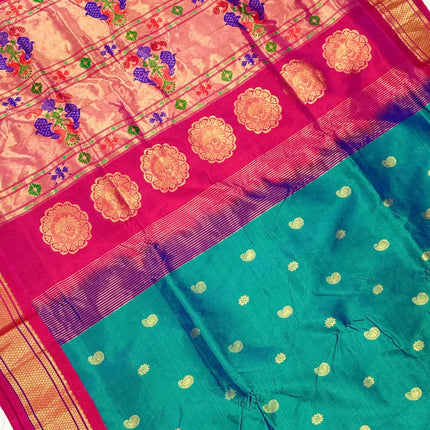 Authentic Kadiyal  Paithani from Yeola| Pure Silk saree in with Duel Rama/ Seagreen  Magenta border with Gold  border|Silk Mark Certified