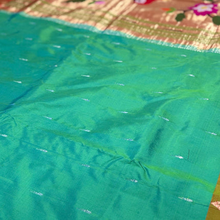 Authentic Designer Diamond shape Border Paithani from Yeola| Pure Silk saree in   with Seagreen  with Gold  border|Silk Mark Certified