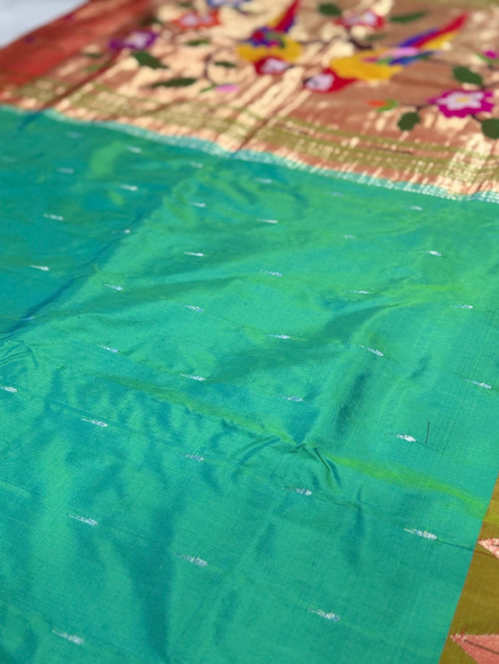 Authentic Designer Diamond shape Border Paithani from Yeola| Pure Silk saree in   with Seagreen  with Gold  border|Silk Mark Certified