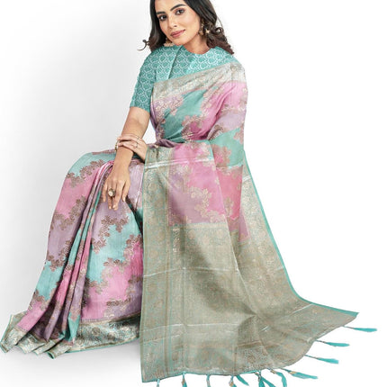 Banarasi satin silk saree  with Rangkat weaving all over the saree paired with satin silk blouse|Pista pink lavender