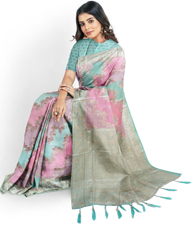 Banarasi satin silk saree  with Rangkat weaving all over the saree paired with satin silk blouse|Pista pink lavender