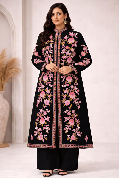 Long Aari Work Jacket | Black and Pink | Aari Handwork | Size 48