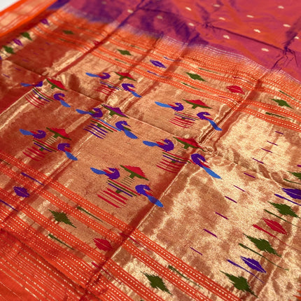 Authentic Maharani Paithani from Yeola| 100% handwoven Pure Silk saree in Magenta Color with light Deep Orange border|Silk Mark Certified