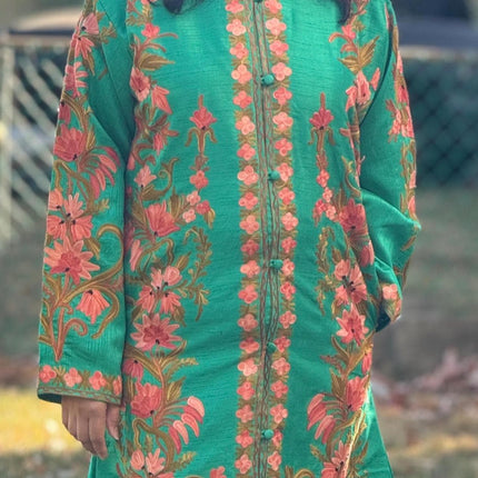 Luxury Aari /Tussar Silk Ladies long Jacket | woven Kashmir Artwear | Statement fashion wear | Kashmir Winter Dresses|kneee length| size 42