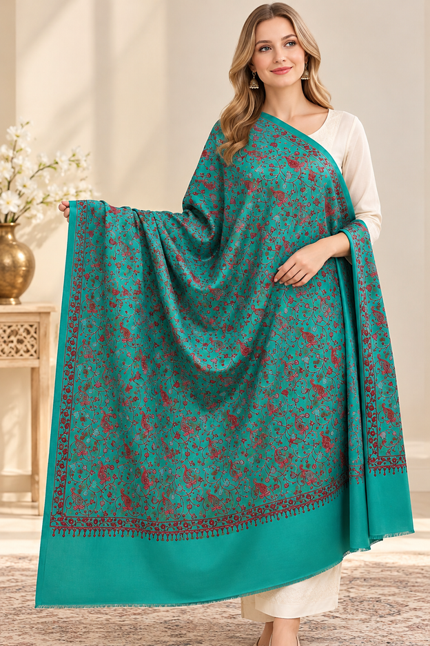 Rama Green Kashmiri Paisley Embroidered Shawl