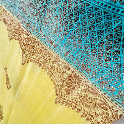 Pure Banarasi Kaduwa Tussar Silk Saree | Motifs weaving and Lemon with Sky blue  border | Hand Woven | Lock weaving| Silk Mark certified