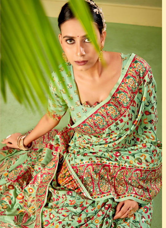 Kashmiri Kalamkari Saree on Premium quality Tussar Silk|Painting with weaving all over |Pista with multicolor floral |Fall Pico tassels done