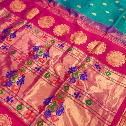 Authentic Kadiyal  Paithani from Yeola| Pure Silk saree in with Duel Rama/ Seagreen  Magenta border with Gold  border|Silk Mark Certified