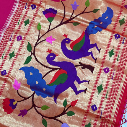 Authentic Maharani Paithani from Yeola| 100% handwoven Pure Silk saree in Rani pink with Red border|Silk Mark Certified