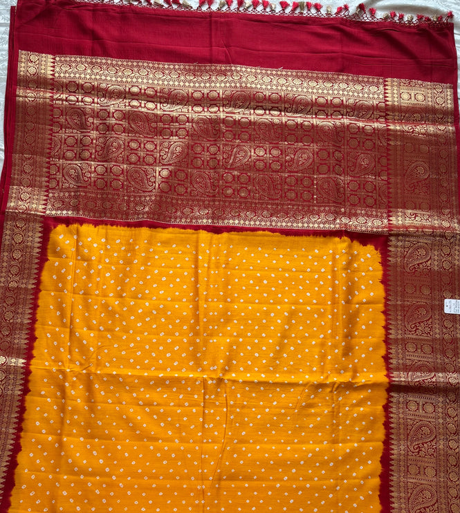 Pure Banarasi Katan Silk Saree | Bandhani Dana weaving and  yellow/Red  border | Hand Woven | Lock weaving| Silk Mark certified