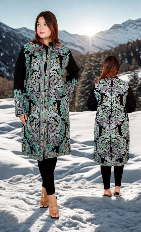 Luxury Kani/Jamawar Woolen Jacket with Jari | woven Kashmir Artwear | Statement fashion wear | Kashmir Winter Dresses|knee length| size 46