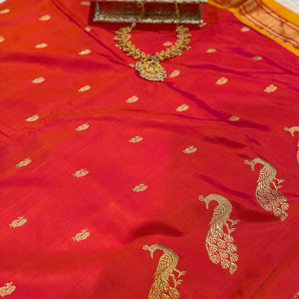 Authentic Paithani from Yeola | 100% handwoven Pure Silk saree |Light Orange|Dual shade|Yellow Border|Silk Mark Certified