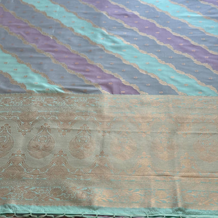 Banarasi Rangkat Silk Saree |Stripes small motif weaving all over | Light Pista/Light Lavender intricate border| fall pico tassels done