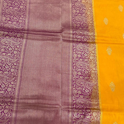 Pure Banarasi Kaduwa Silk Saree | Motifs weaving and bright yellow/magenta  border | Hand Woven | Lock weaving| Silk Mark certified