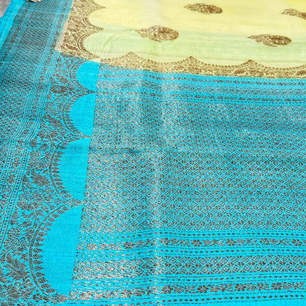 Pure Banarasi Kaduwa Tussar Silk Saree | Motifs weaving and Lemon with Sky blue  border | Hand Woven | Lock weaving| Silk Mark certified
