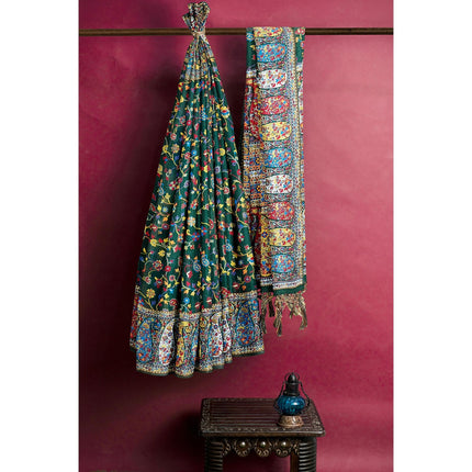 Kashmiri Kalamkari Saree on Premium quality Cotton Silk|Painting with weaving all over |bottl with multicolor floral|Fall Pico tassels done