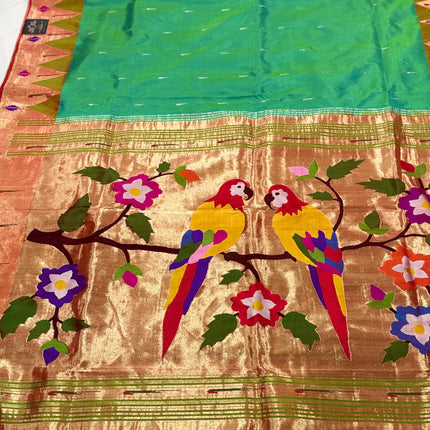 Authentic Designer Diamond shape Border Paithani from Yeola| Pure Silk saree in   with Seagreen  with Gold  border|Silk Mark Certified