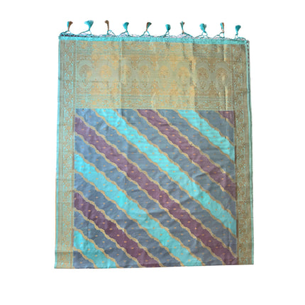 Banarasi Rangkat Silk Saree |Stripes small motif weaving all over | Aqua Blue/Grey/Light Lavender intricate border| fall pico tassels done