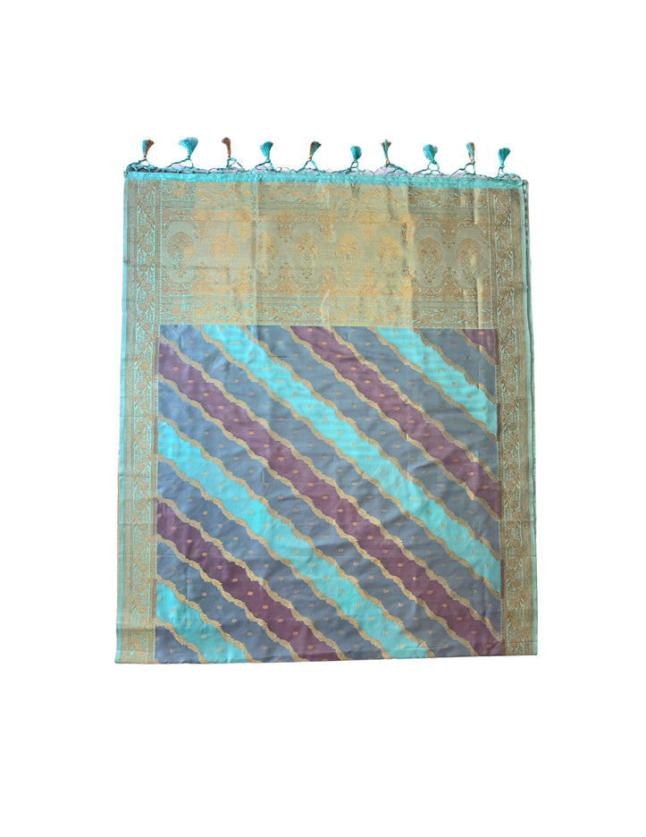 Banarasi Rangkat Silk Saree |Stripes small motif weaving all over | Aqua Blue/Grey/Light Lavender intricate border| fall pico tassels done