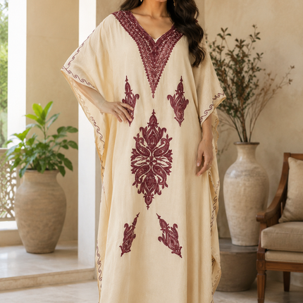 Cotton Aari Embroidered Kaftan | Kashmir Woven Artwear Statement Dress