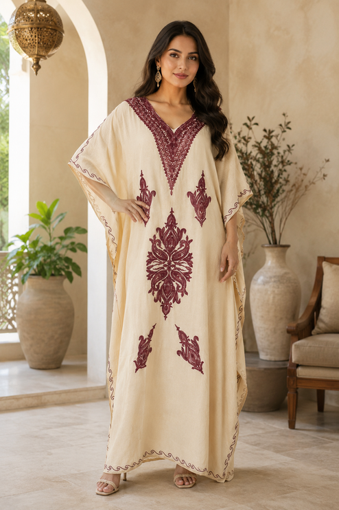 Cotton Aari Embroidered Kaftan | Kashmir Woven Artwear Statement Dress