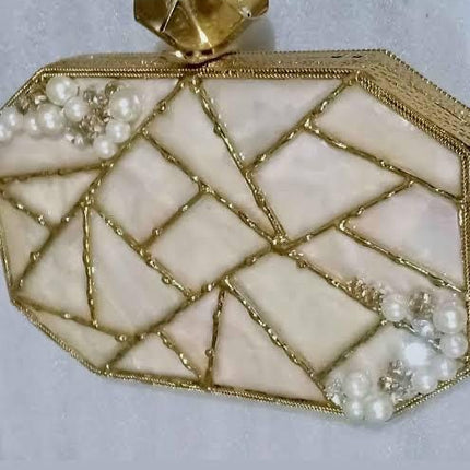 Elegant Mother of Pearl Seashell Clutch with Gold Trim – Handcrafted Evening Bag