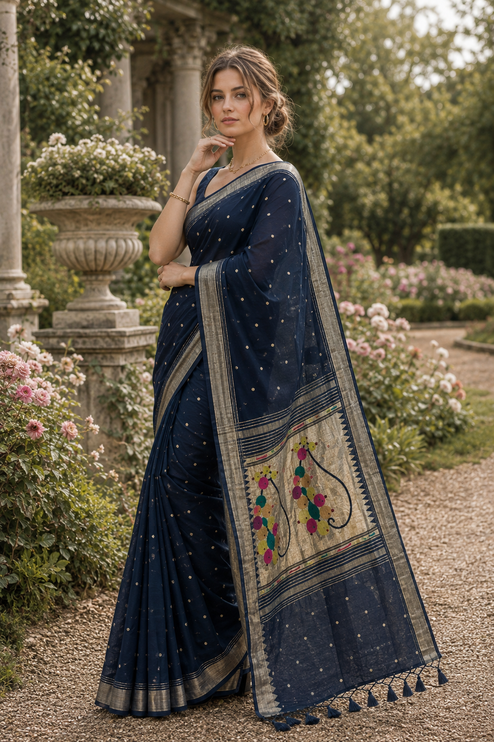 Handloom Paithani Saree | Cotton Design, Tasseled