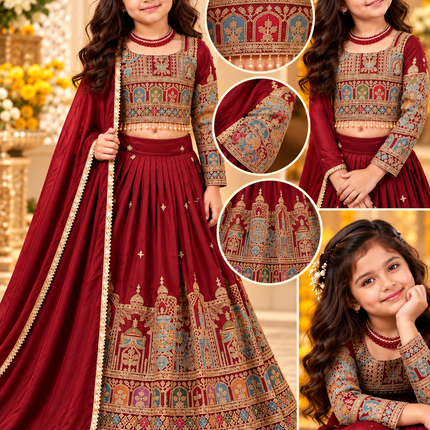 Kid Girl Lehenga Set - Maroon Embroidered, Size 36