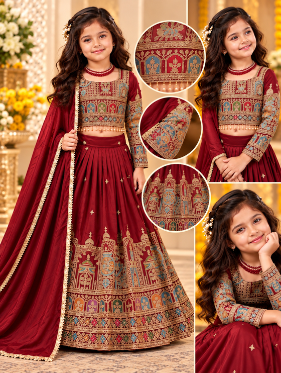 Kid Girl Lehenga Set - Maroon Embroidered, Size 36