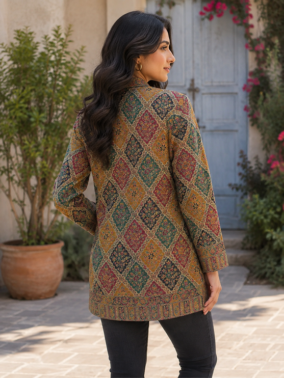 Kani Jamawar Wool, silk Jacket | Kashmir Paisley Artwear Multiple Size-40