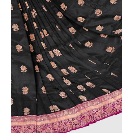 Black Stunning Pure Katan Silk Banarasi Saree with Hot Pink Zari Border | SILK MARK CERTIFIED