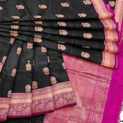 Black Stunning Pure Katan Silk Banarasi Saree with Hot Pink Zari Border | SILK MARK CERTIFIED