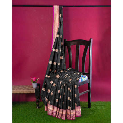 Black Stunning Pure Katan Silk Banarasi Saree with Hot Pink Zari Border | SILK MARK CERTIFIED