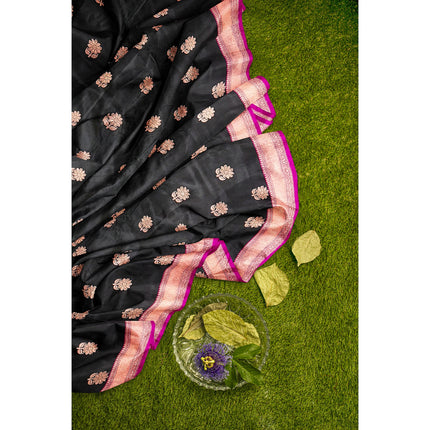 Black Stunning Pure Katan Silk Banarasi Saree with Hot Pink Zari Border | SILK MARK CERTIFIED