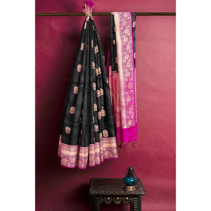 Black Stunning Pure Katan Silk Banarasi Saree with Hot Pink Zari Border | SILK MARK CERTIFIED
