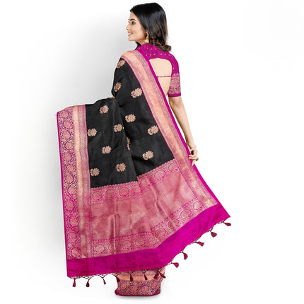 Black Stunning Pure Katan Silk Banarasi Saree with Hot Pink Zari Border | SILK MARK CERTIFIED
