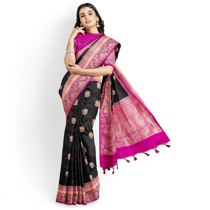 Black Stunning Pure Katan Silk Banarasi Saree with Hot Pink Zari Border | SILK MARK CERTIFIED