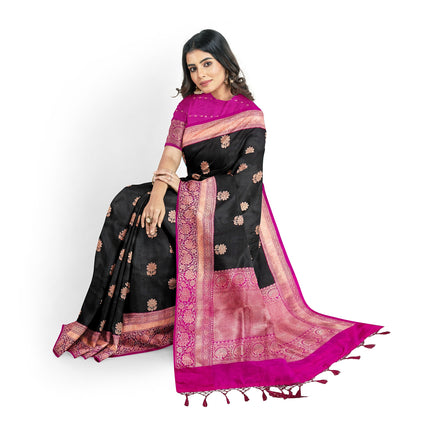 Black Stunning Pure Katan Silk Banarasi Saree with Hot Pink Zari Border | SILK MARK CERTIFIED