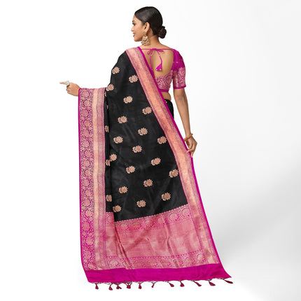 Black Stunning Pure Katan Silk Banarasi Saree with Hot Pink Zari Border | SILK MARK CERTIFIED