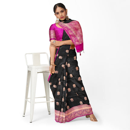 Black Stunning Pure Katan Silk Banarasi Saree with Hot Pink Zari Border | SILK MARK CERTIFIED