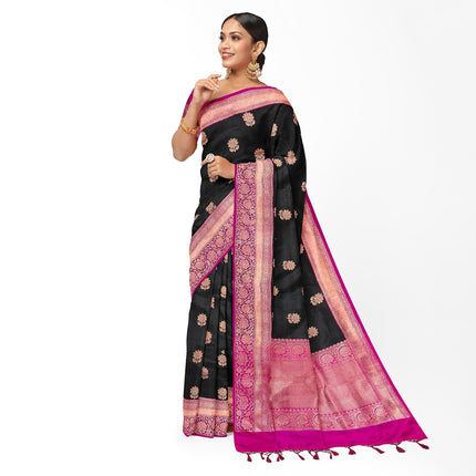 Black Stunning Pure Katan Silk Banarasi Saree with Hot Pink Zari Border | SILK MARK CERTIFIED