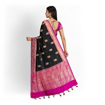Black Stunning Pure Katan Silk Banarasi Saree with Hot Pink Zari Border | SILK MARK CERTIFIED