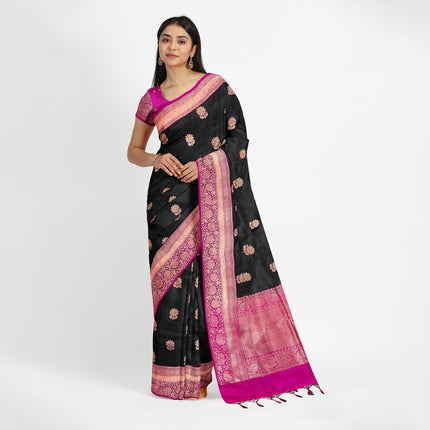 Black Stunning Pure Katan Silk Banarasi Saree with Hot Pink Zari Border | SILK MARK CERTIFIED